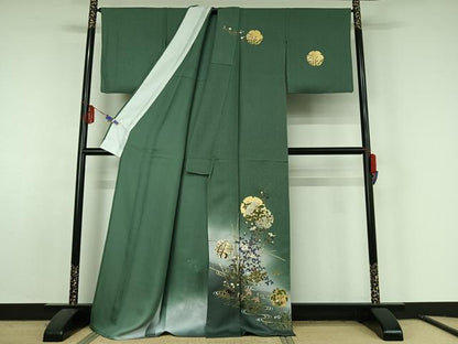 平和屋着物▽訪問着　単衣　刺繍　雪輪流水花文　暈し染め　金銀彩　正絹　逸品　AABF5298jh