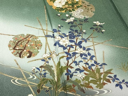 平和屋着物▽訪問着　単衣　刺繍　雪輪流水花文　暈し染め　金銀彩　正絹　逸品　AABF5298jh