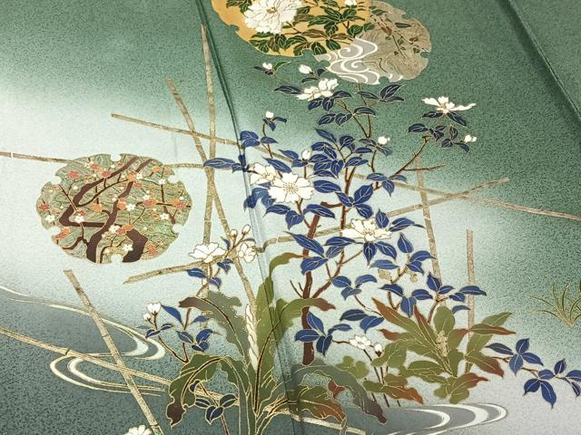平和屋着物▽訪問着　単衣　刺繍　雪輪流水花文　暈し染め　金銀彩　正絹　逸品　AABF5298jh
