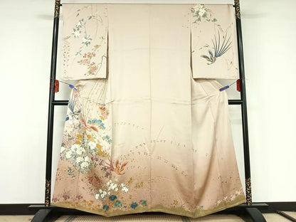 平和屋着物▽訪問着 単衣 花鳥文 金糸 金彩 正絹 逸品 AABF5299jh