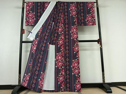 平和屋着物▽小紋 単衣 草花文 洗える着物 AABF5302jh