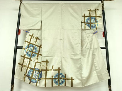 平和屋着物▽男性 訪問着 単衣 源氏車格子文 金彩 洗える着物 AABF5305jh