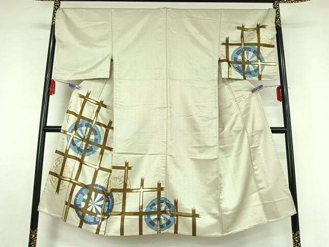 平和屋着物▽男性　訪問着　単衣　源氏車格子文　金彩　洗える着物　AABF5305jh