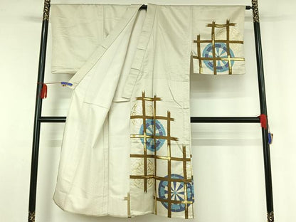 平和屋着物▽男性 訪問着 単衣 源氏車格子文 金彩 洗える着物 AABF5305jh