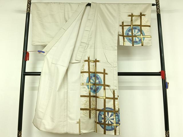 平和屋着物▽男性 訪問着 単衣 源氏車格子文 金彩 洗える着物 AABF5305jh