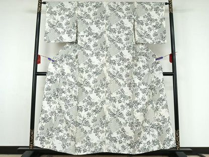 平和屋着物▽上質な小紋 単衣 枝花文 銀彩 正絹 逸品 AABF5314jh
