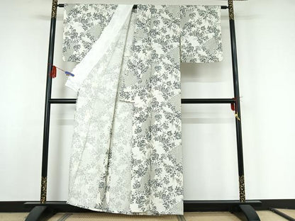 平和屋着物▽上質な小紋 単衣 枝花文 銀彩 正絹 逸品 AABF5314jh