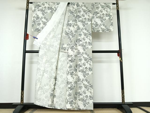 平和屋着物▽上質な小紋 単衣 枝花文 銀彩 正絹 逸品 AABF5314jh