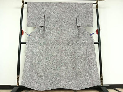 平和屋着物▽上質な小紋 単衣 更紗花鳥文 鬼しぼ縮緬 正絹 逸品 AABF5315jh
