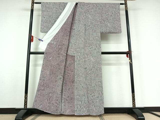 平和屋着物▽上質な小紋 単衣 更紗花鳥文 鬼しぼ縮緬 正絹 逸品 AABF5315jh