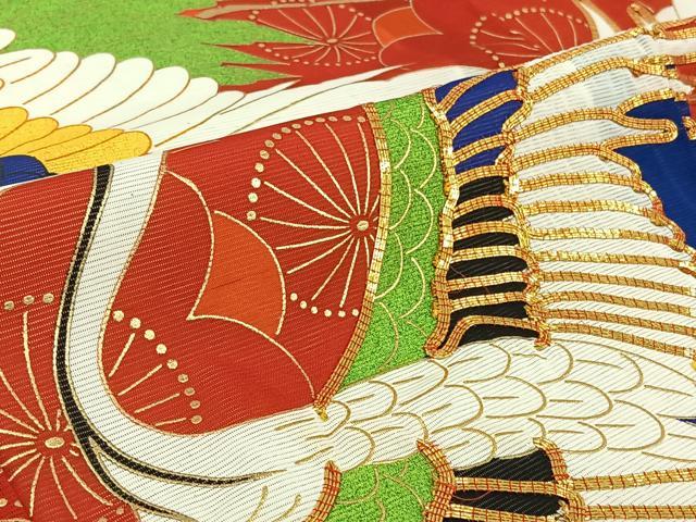 平和屋着物▽振袖 無双 絽袷 絽×絽 駒刺繍 飛鶴花文 金彩 洗える着物 AABF5317jh