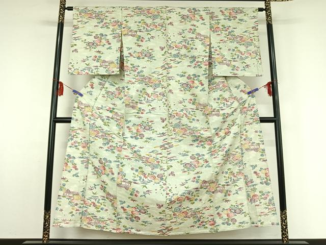 平和屋着物▽上質な紬 単衣 風景流水花文 正絹 逸品 AABF5320jh