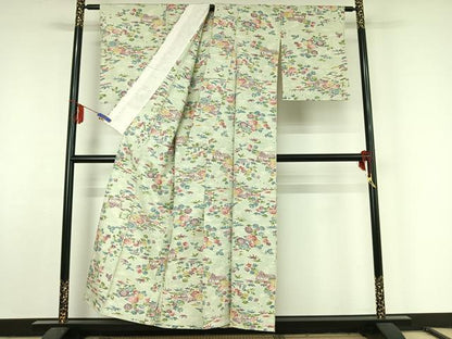 平和屋着物▽上質な紬 単衣 風景流水花文 正絹 逸品 AABF5320jh