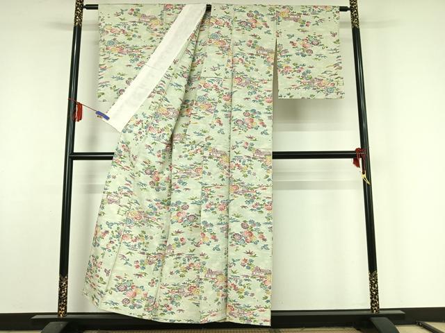 平和屋着物▽上質な紬 単衣 風景流水花文 正絹 逸品 AABF5320jh