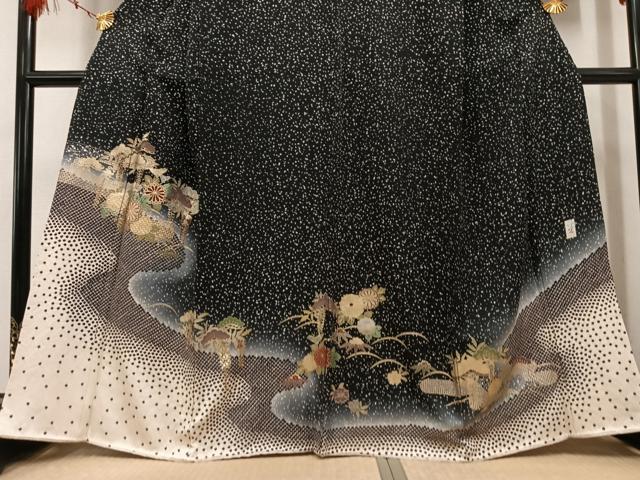 平和屋着物●訪問着 作家物 草花文 暈し染め 黒地 金彩 正絹 逸品 AABF5332ph
