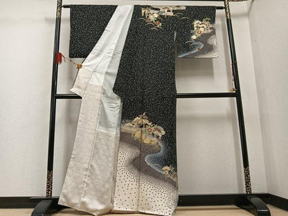 平和屋着物●訪問着 作家物 草花文 暈し染め 黒地 金彩 正絹 逸品 AABF5332ph