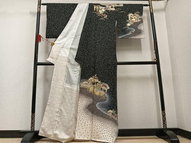 平和屋着物●訪問着 作家物 草花文 暈し染め 黒地 金彩 正絹 逸品 AABF5332ph