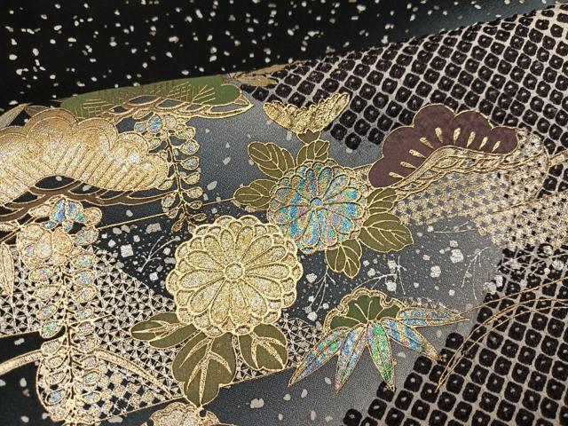 平和屋着物●訪問着 作家物 草花文 暈し染め 黒地 金彩 正絹 逸品 AABF5332ph