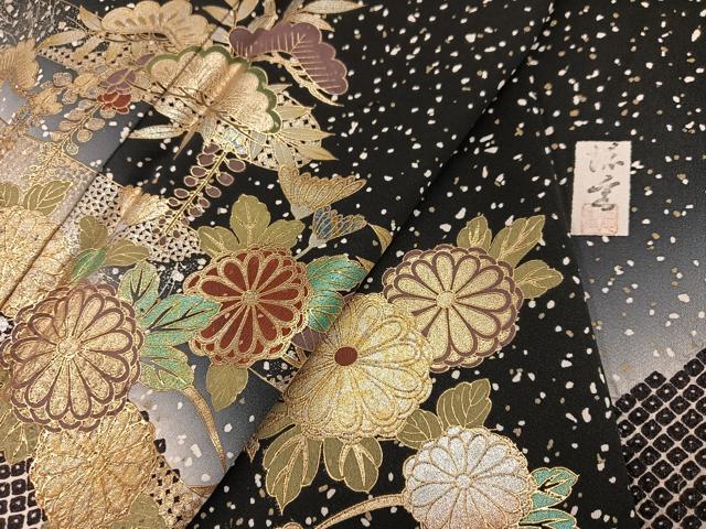 平和屋着物●訪問着 作家物 草花文 暈し染め 黒地 金彩 正絹 逸品 AABF5332ph
