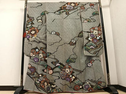 平和屋着物●豪華振袖 絞り 草花文 黒地 金彩 正絹 逸品 AABF5335ph