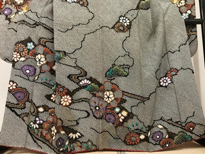 平和屋着物●豪華振袖 絞り 草花文 黒地 金彩 正絹 逸品 AABF5335ph