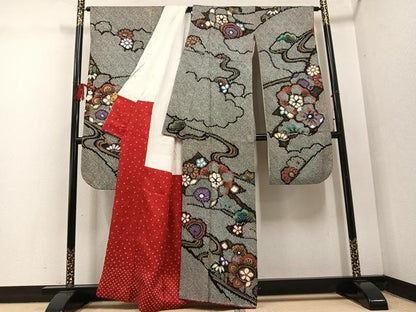 平和屋着物●豪華振袖 絞り 草花文 黒地 金彩 正絹 逸品 AABF5335ph