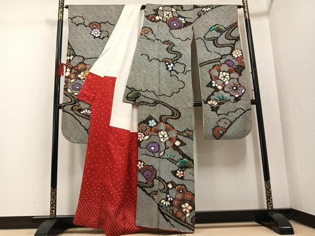平和屋着物●豪華振袖 絞り 草花文 黒地 金彩 正絹 逸品 AABF5335ph