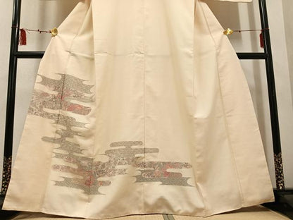 平和屋着物●訪問着 紬地 中国三大刺繍 汕頭刺繍 スワトウ刺繍 エ霞草花宝尽くし 正絹 逸品 AABF5341ph