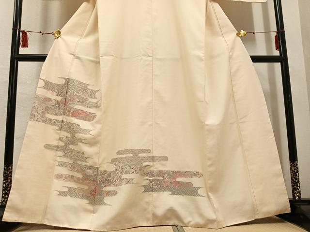 平和屋着物●訪問着 紬地 中国三大刺繍 汕頭刺繍 スワトウ刺繍 エ霞草花宝尽くし 正絹 逸品 AABF5341ph