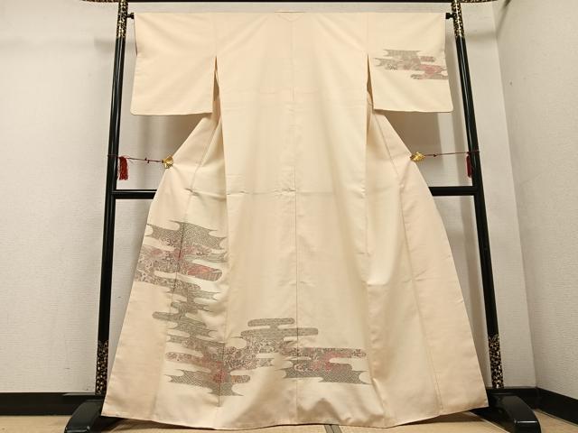 平和屋着物●訪問着 紬地 中国三大刺繍 汕頭刺繍 スワトウ刺繍 エ霞草花宝尽くし 正絹 逸品 AABF5341ph