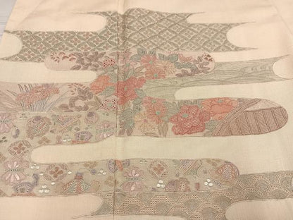 平和屋着物●訪問着 紬地 中国三大刺繍 汕頭刺繍 スワトウ刺繍 エ霞草花宝尽くし 正絹 逸品 AABF5341ph