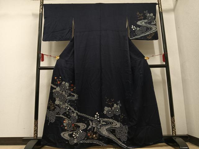 平和屋着物●訪問着 絞り 刺繍 流水草花文 金彩 正絹 逸品 AABF5343ph