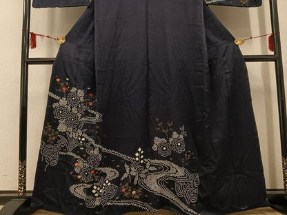 平和屋着物●訪問着 絞り 刺繍 流水草花文 金彩 正絹 逸品 AABF5343ph