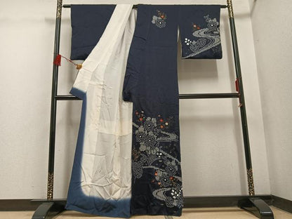 平和屋着物●訪問着 絞り 刺繍 流水草花文 金彩 正絹 逸品 AABF5343ph