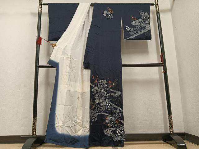 平和屋着物●訪問着 絞り 刺繍 流水草花文 金彩 正絹 逸品 AABF5343ph