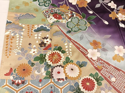 平和屋着物●豪華振袖 駒刺繍 地紙草花文 暈し染め 金彩 正絹 逸品 未使用 AABF5353ph