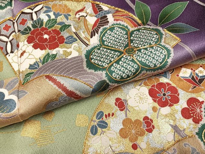 平和屋着物●豪華振袖 駒刺繍 地紙草花文 暈し染め 金彩 正絹 逸品 未使用 AABF5353ph