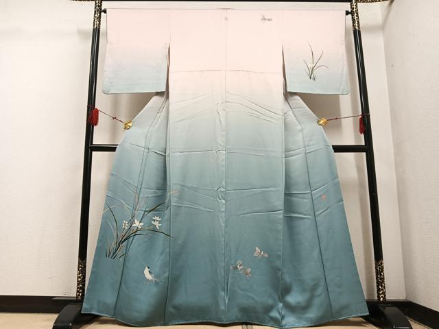 平和屋着物●十日町 加賀草木友禅の第一人者 田村哲彦 訪問着 花鳥文 暈し染め 正絹 逸品 AABF5358ph