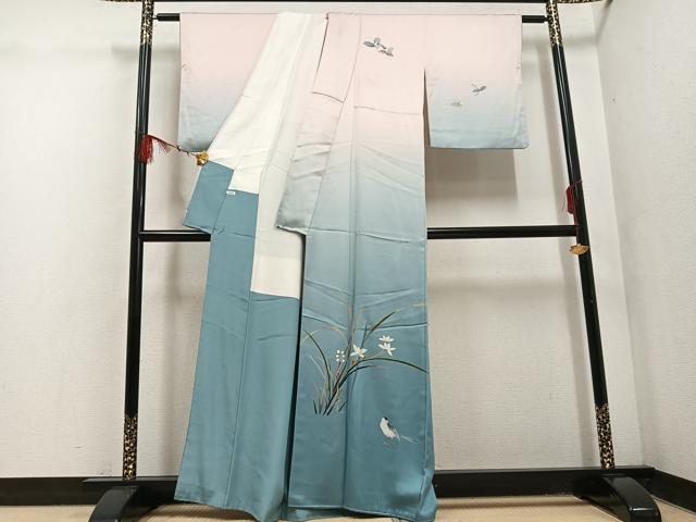 平和屋着物●十日町 加賀草木友禅の第一人者 田村哲彦 訪問着 花鳥文 暈し染め 正絹 逸品 AABF5358ph