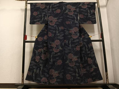 平和屋着物●結城ちぢみ 更紗花文 正絹 逸品 AABF5361ph