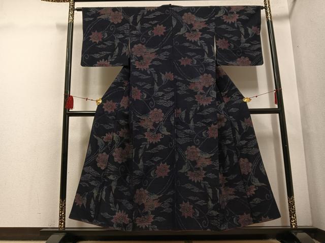 平和屋着物●結城ちぢみ 更紗花文 正絹 逸品 AABF5361ph
