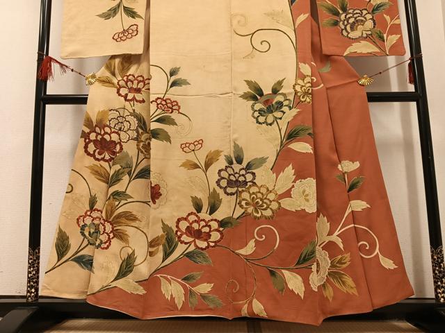 平和屋着物●セミアンティーク 訪問着 更紗唐草文 金彩 三越扱い 正絹 逸品 AABF5366ph
