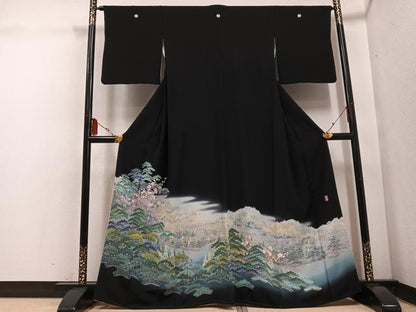 平和屋着物●十日町友禅作家 阿部佳雪 黒留袖 風景草花文 千曲川 暈し染め 正絹 逸品 AABF5377ph