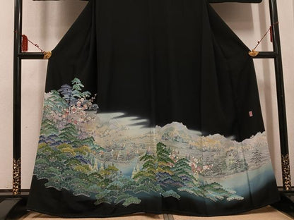平和屋着物●十日町友禅作家 阿部佳雪 黒留袖 風景草花文 千曲川 暈し染め 正絹 逸品 AABF5377ph