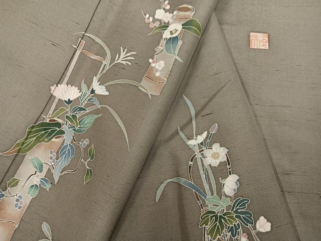 平和屋着物●訪問着 友禅 作家物 白山紬地 飾花文 正絹 逸品 AABF5387ph
