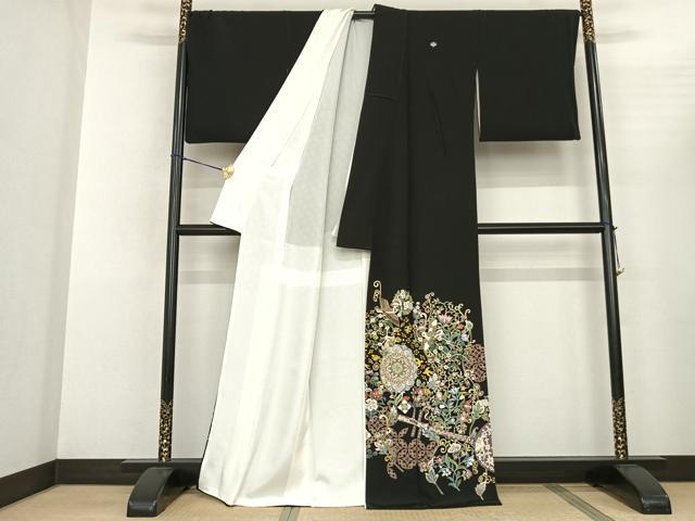 平和屋着物●本加賀友禅作家 宮本則子 黒留袖 吉祥花鳥文 浜ちりめん 証紙付き 正絹 逸品 AABF5406fy