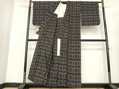 平和屋着物●久留米絣 単衣 七宝花文 綿 逸品 AABF5435fy