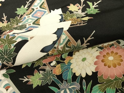 平和屋着物●豪華黒留袖 友禅 作家物 花鳥文 正絹 逸品 AABF5440fy