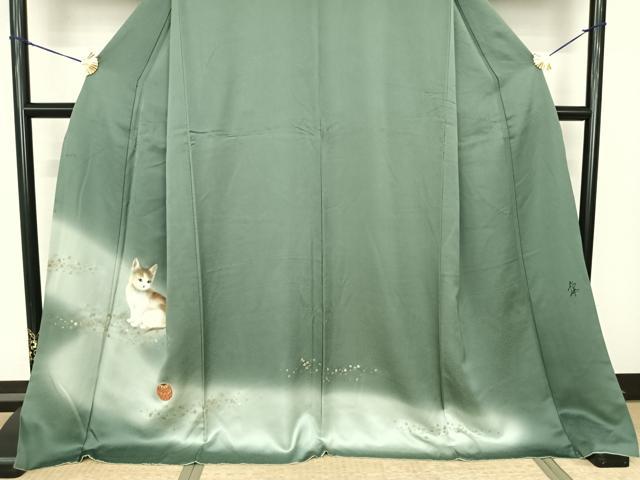 平和屋着物●訪問着 作家物 手描き 猫 毬 暈し染め 金銀彩 ロング丈 正絹 逸品 AABF5441fy
