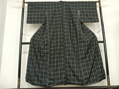 平和屋着物●上質な紬 花織 格子 黒地 正絹 逸品 AABF5442fy